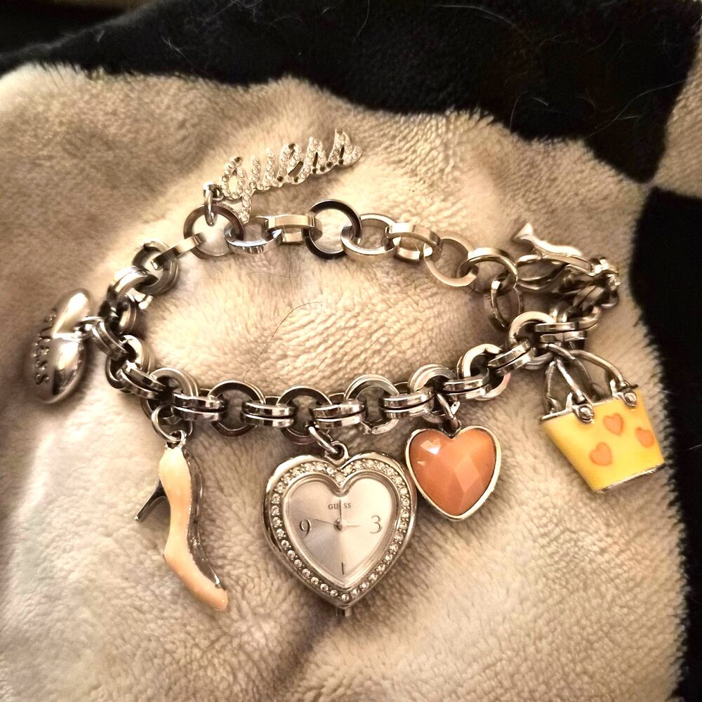 Vintage GUESS Y2K Chunky Silver Charm Bracelet Watch Heart Rhinestone Girly